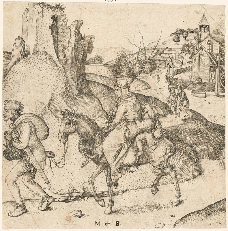 The fine copper engraving shows in the foreground a peasant family riding to a market in front of a hilly landscape with a small village in the background on the right.